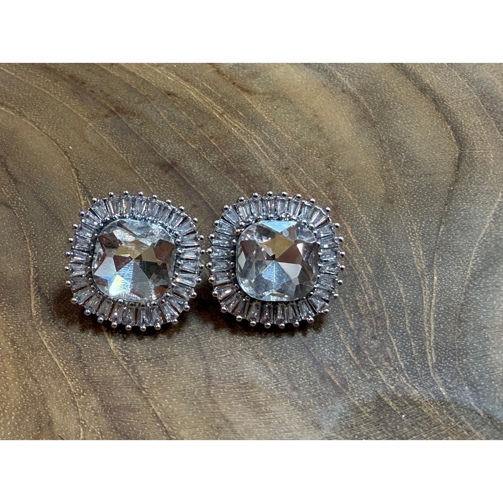 Silver Tone Cushion Cut Crystal Sunburst Halo Stud Earrings NEW